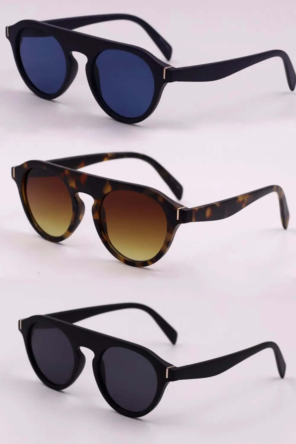 3-piece round polycarbonate sunglasses set featuring different lens colors and styles