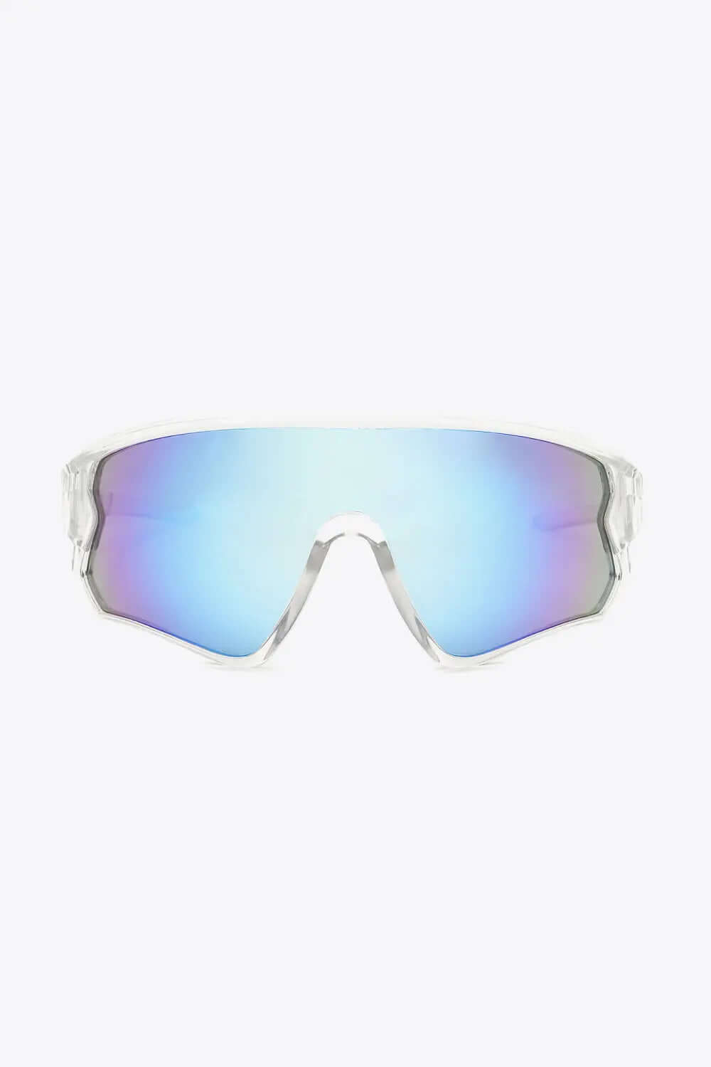 Polycarbonate Shield Sunglasses with mirrored lenses and clear frame, perfect for UV protection.