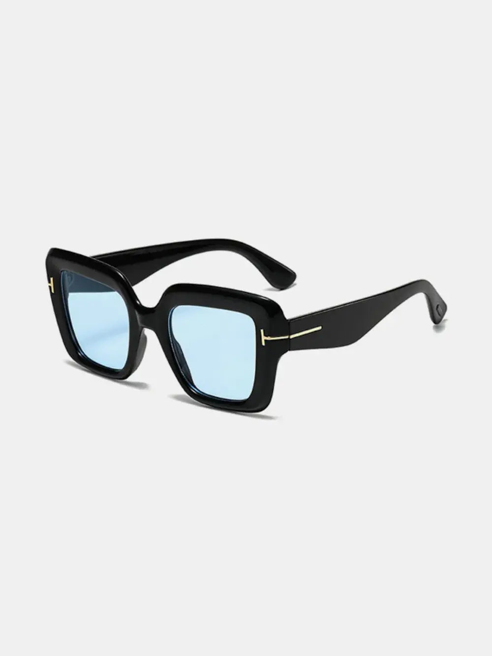 Polycarbonate Frame Square Sunglasses with blue lenses and black frames, featuring UV protection.