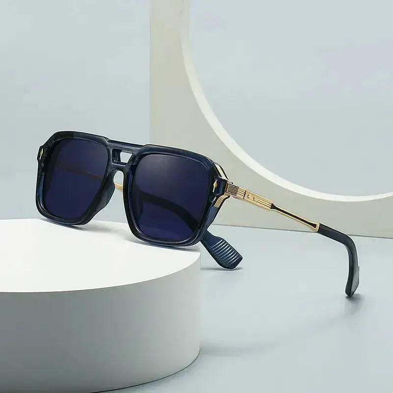 Men's UV Protection Square Sunglasses on a display, featuring a stylish metal-plastic hybrid frame and polycarbonate lenses.