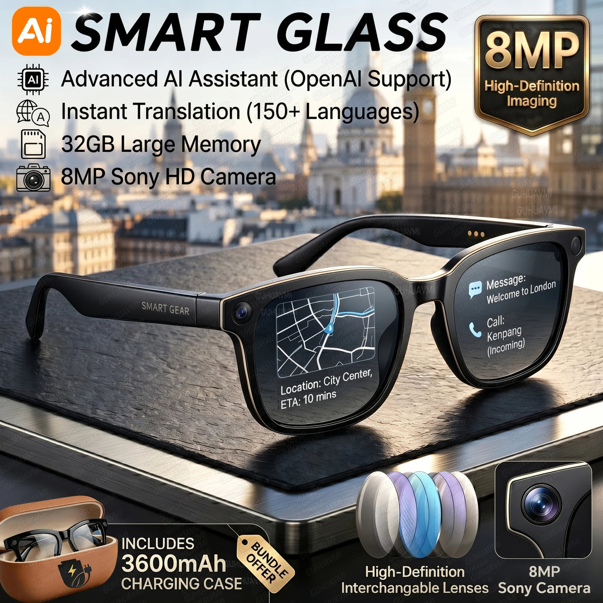SquintProof AI Smart Glasses — 8MP 4K Camera, Power Bank & 160+ Language Translation