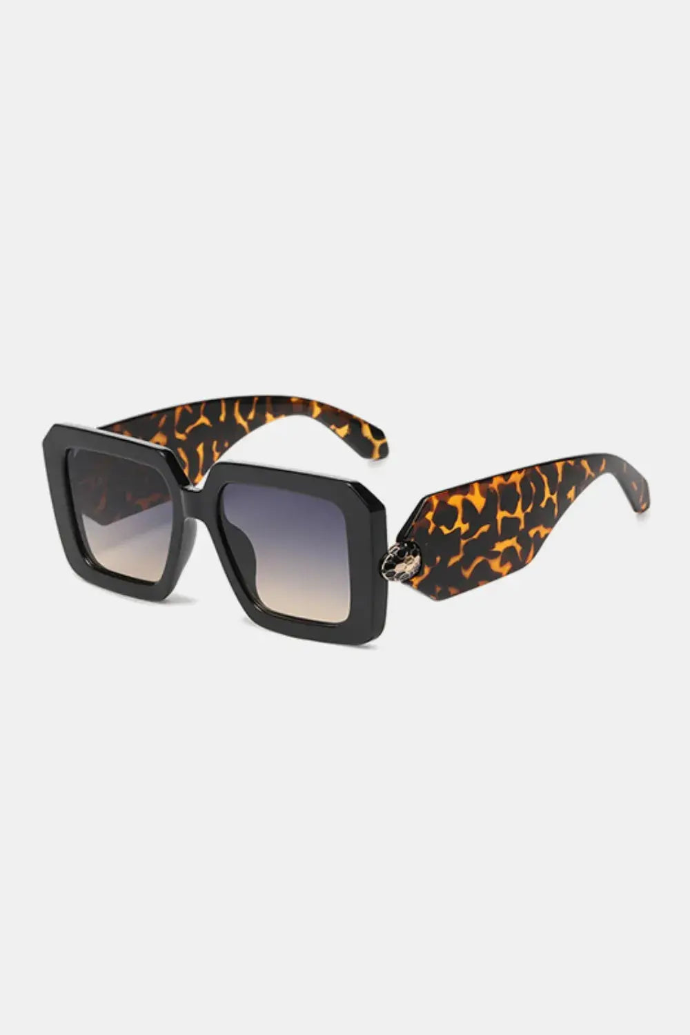 Polycarbonate Frame Square Sunglasses in black and leopard print with UV400 protection.